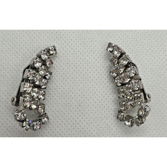 Vintage Clear Rhinestone Silver Tone‎ Climber Clip-On Earrings 1960s Retro Glam - Picture 2 of 7
